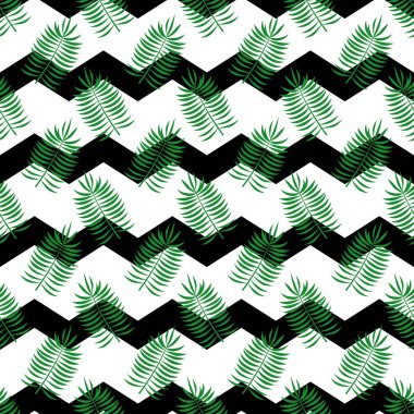 Köşeli çift ayraçları seamless modeli, vektör çizim ile tropikal yaprak
