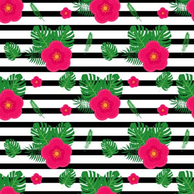 Tropikal yaprak ve çiçek köşeli çift ayraçları sorunsuz desenli vektör illustratio