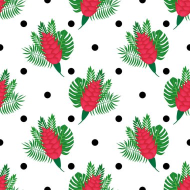 Tropikal çiçek ve yaprakları siyah noktalar seamless modeli ile