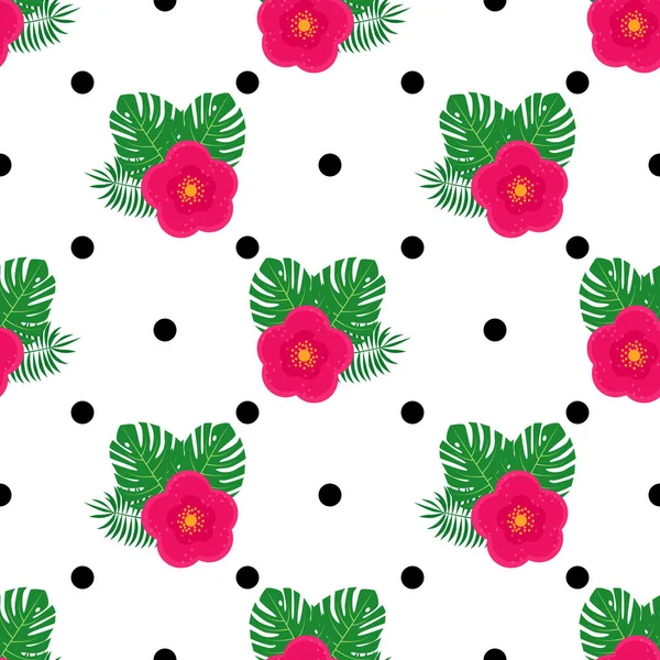 Tropical Flower Leaves Black Dots Seamless Pattern — Stock Vector