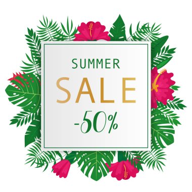 Tropikal yapraklar ve çiçekler arka plan, afiş, poster, afiş, web sitesi, tebrik kartı veya davet için egzotik çiçek tasarım ile yaz satışı büyük başlığı.