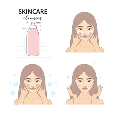 Güzel bir kadın yüzü hakkında dikkat çekmek. Resimli adımları nasıl bir temizleyici uygulayın. İzole çizgili çizimler seti.