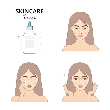 Güzel bir kadın yüzü hakkında dikkat çekmek. Resimli adımları nasıl bir toner uygulanır. İzole çizgili çizimler seti.