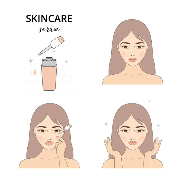 Hermosa Mujer Cuida Cara Pasos Ilustrados Cómo Aplicar Suero Facial — Vector de stock