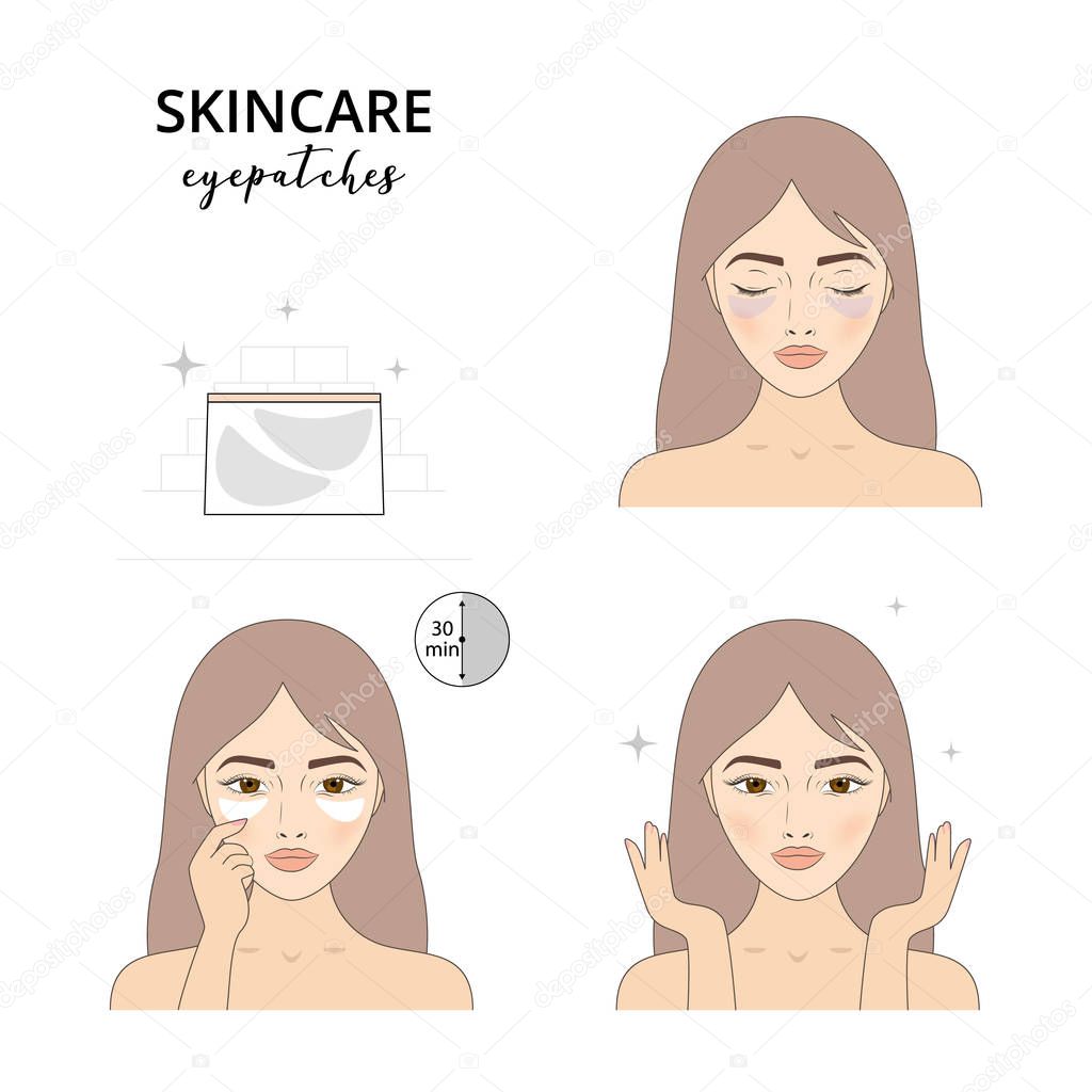 Beautiful woman take care about her face. Illustrated steps how to apply eye patches, dark circles under eyes. Isolated lined illustrations set.