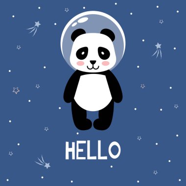 Panda astronot uzayda. Vektör yazdırma, Sevimli çizgi vektör çizim.