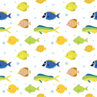 Balık seamless modeli, parlak renkler farklı balık. Yaz ve deniz arka plan.