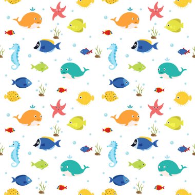 Deniz seamless modeli, yaz. Farklı balık, balinalar parlak renkler. 