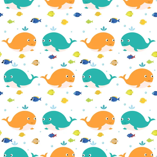 Cartoon Whales Fish Sea Seamless Pattern Sea Summer Background — Stock Vector