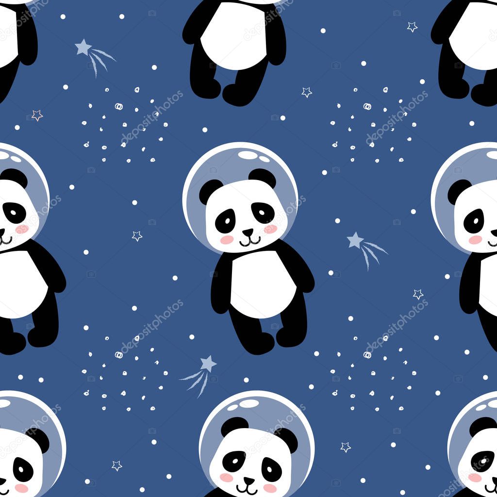 Panda astronaut  in outer space seamless pattern. Vector print, cute cartoon vector illustration