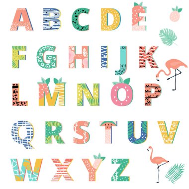 Memphis yaz alfabesi, tropikal yaprak ve çiçek unsurları ile kolaj stilinde yazı tipi. 