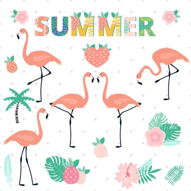 Flamingolar farklı pozlar, ananas, tropikal yaprak ve çiçek kümesi yaz.