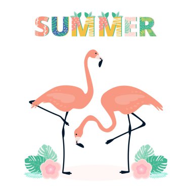 İki pembe flamingoları tropikal yapraklar ve çiçekler, vektör yaz ile yazdırma modern kolaj yazı, yaz.