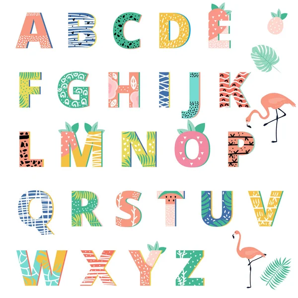 Memphis yaz alfabesi, tropikal yaprak ve çiçek unsurları ile kolaj stilinde yazı tipi. 