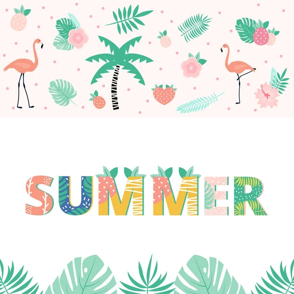 Summer Modern Collage Lettering Flamingoes Pineapples Tropical Leaves Flowers Summer — Stock Vector