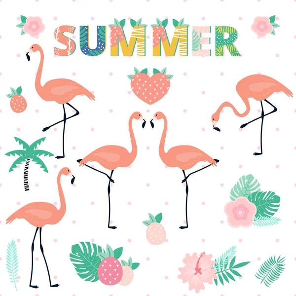 Flamingolar farklı pozlar, ananas, tropikal yaprak ve çiçek kümesi yaz.