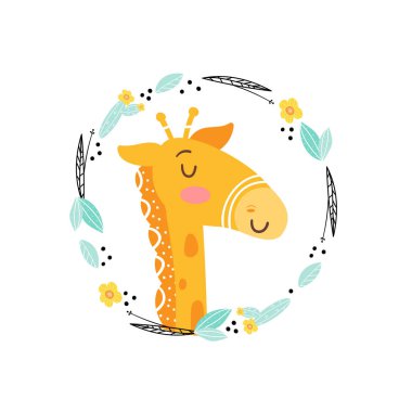  Zürafa yüzüne daire içinde çerçeve, vektör çizim çiçek