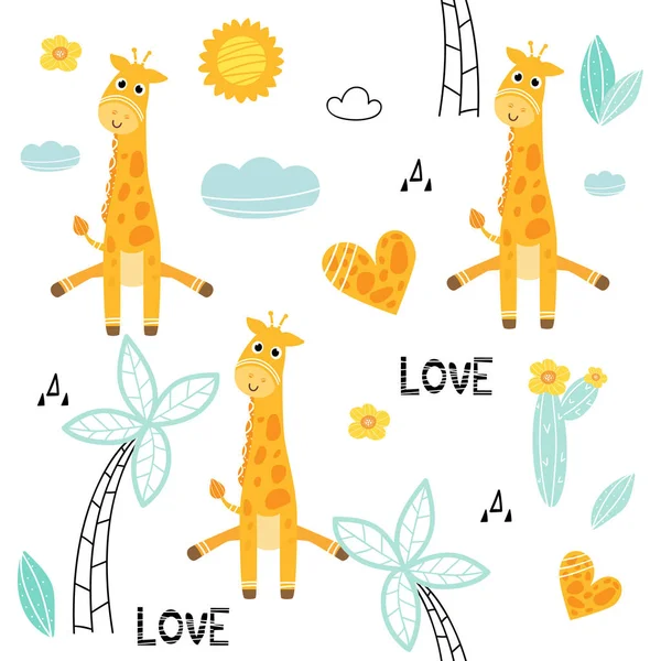 Desenhos Animados Girafas Amor Sem Costura Fundo Padrão Plantas Tropicais —  Vetores de Stock