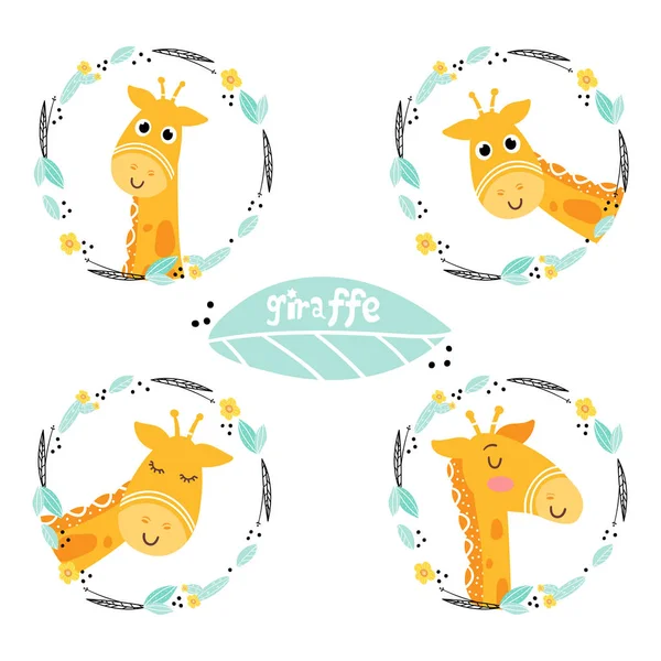 Giraffe Gezicht Floral Omcirkelde Frame Set Van Giraffen Vectorillustratie — Stockvector