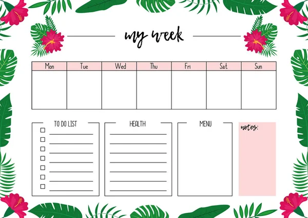 Zomer Weekplanner Pagina Voor Notebook Dagboek Organisator Boek Tropische Bloemen — Stockvector