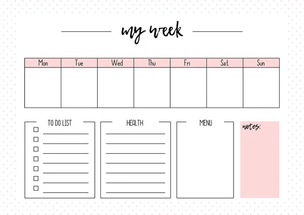 Lindo Vector Planificador Semanal Página Para Notebook Diario Organizador Libro — Vector de stock