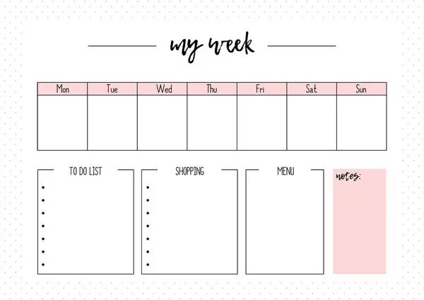 Lindo Vector Planificador Semanal Página Para Notebook Diario Organizador Libro — Vector de stock