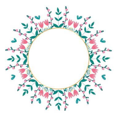 Bahar çelenk, farklı çiçek ve bitki. Metin için yer. Vektör çizim. Hazır tasarım poster, afiş, tebrik kartı veya afiş için.