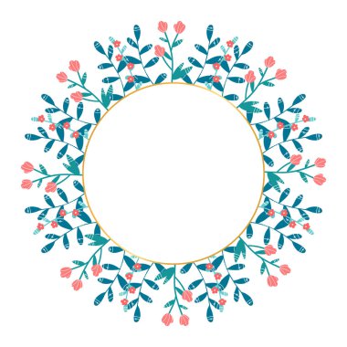 Bahar çelenk, farklı çiçek ve bitki. Metin için yer. Vektör çizim. Hazır tasarım poster, afiş, tebrik kartı veya afiş için.