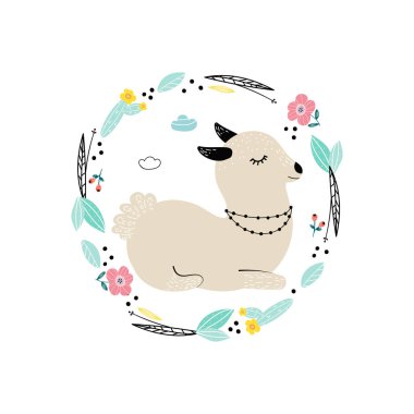 Lama çerçeve çiçek, modern elle çizilmiş tarzı ile. Çocuk oyun, kitap, t-shirt, Tekstil için illüstrasyon izole karikatür.