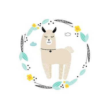 Lama çerçeve çiçek, modern elle çizilmiş tarzı ile. Çocuk oyun, kitap, t-shirt, Tekstil için illüstrasyon izole karikatür.