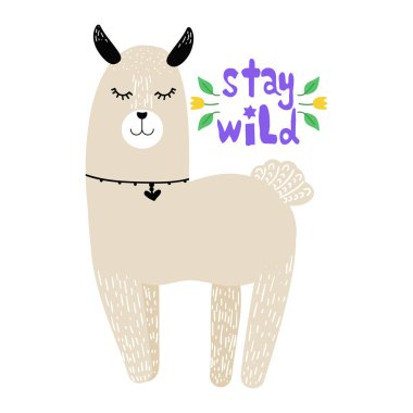 Lama, modern elle çizilmiş tarzı. Çocuk oyun, kitap, t-shirt, Tekstil için çizgi film illüstrasyon izole. Vahşi yazı kal. 