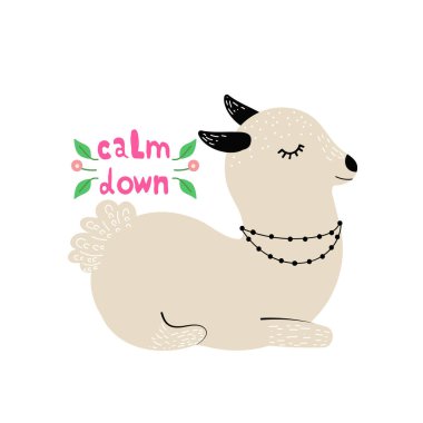 Dinlenme, modern elle çizilmiş stil lama. Çocuk oyun, kitap, t-shirt, Tekstil için çizgi film illüstrasyon izole. Yazı aşağı sakin. 