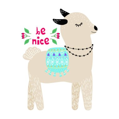 Lama, modern elle çizilmiş tarzı. Çocuk oyun, kitap, t-shirt, Tekstil için çizgi film illüstrasyon izole. Güzel yazı. 