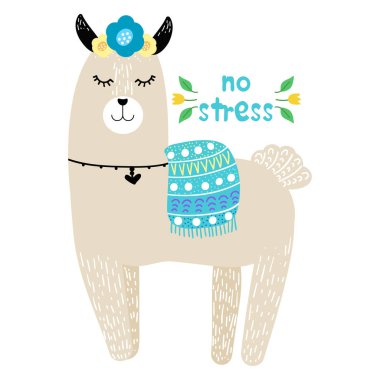 Sakin Lama, modern elle çizilmiş tarzı. Çocuk oyun, kitap, t-shirt, Tekstil için çizgi film illüstrasyon izole. Hiçbir stres yazı.