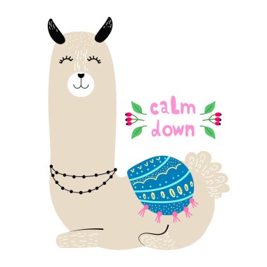 Dinlenme, modern elle çizilmiş stil lama. Çocuk oyun, kitap, t-shirt, Tekstil için çizgi film illüstrasyon izole. Yazı aşağı sakin. 