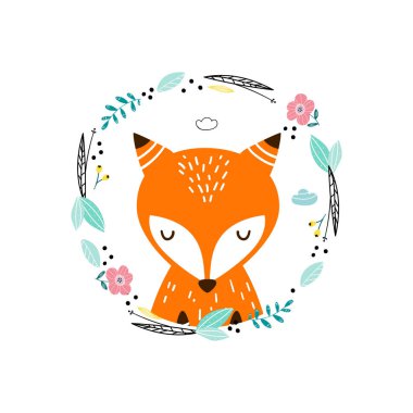Fox ve çerçeve çiçek. Modern El vektör karakter çizilmiş. Sevimli küçük hayvan tacı olan. 