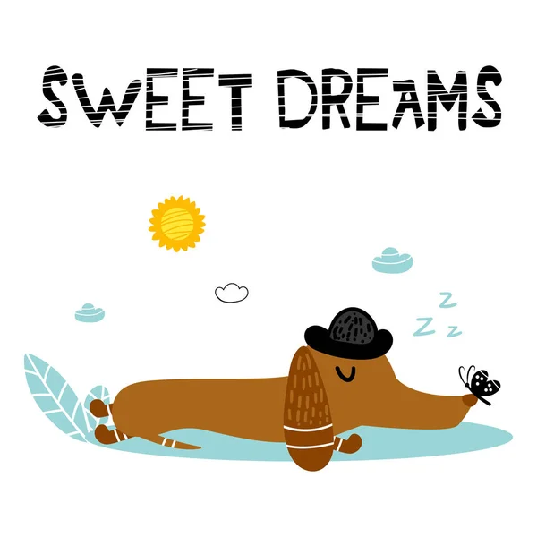 Kutya Modern Kézzel Rajzolt Vektoros Karakter Sweet Dreams Betűkkel Nyomtatás — Stock Vector