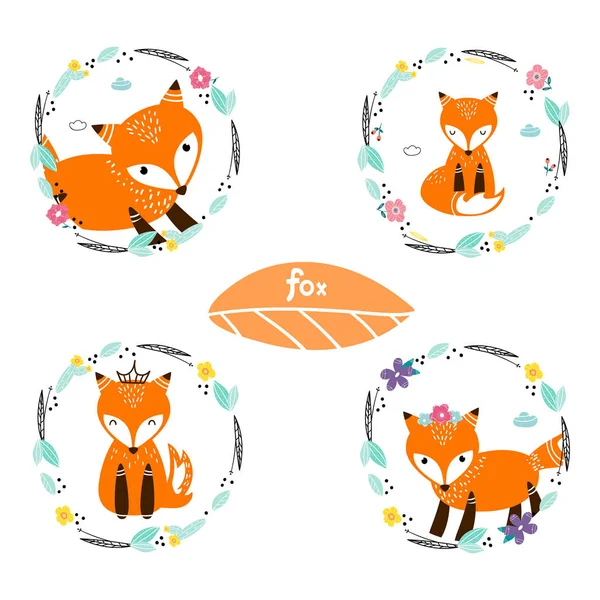 Foxes Floral Frames Modern Hand Drawn Vector Characters — Stock Vector