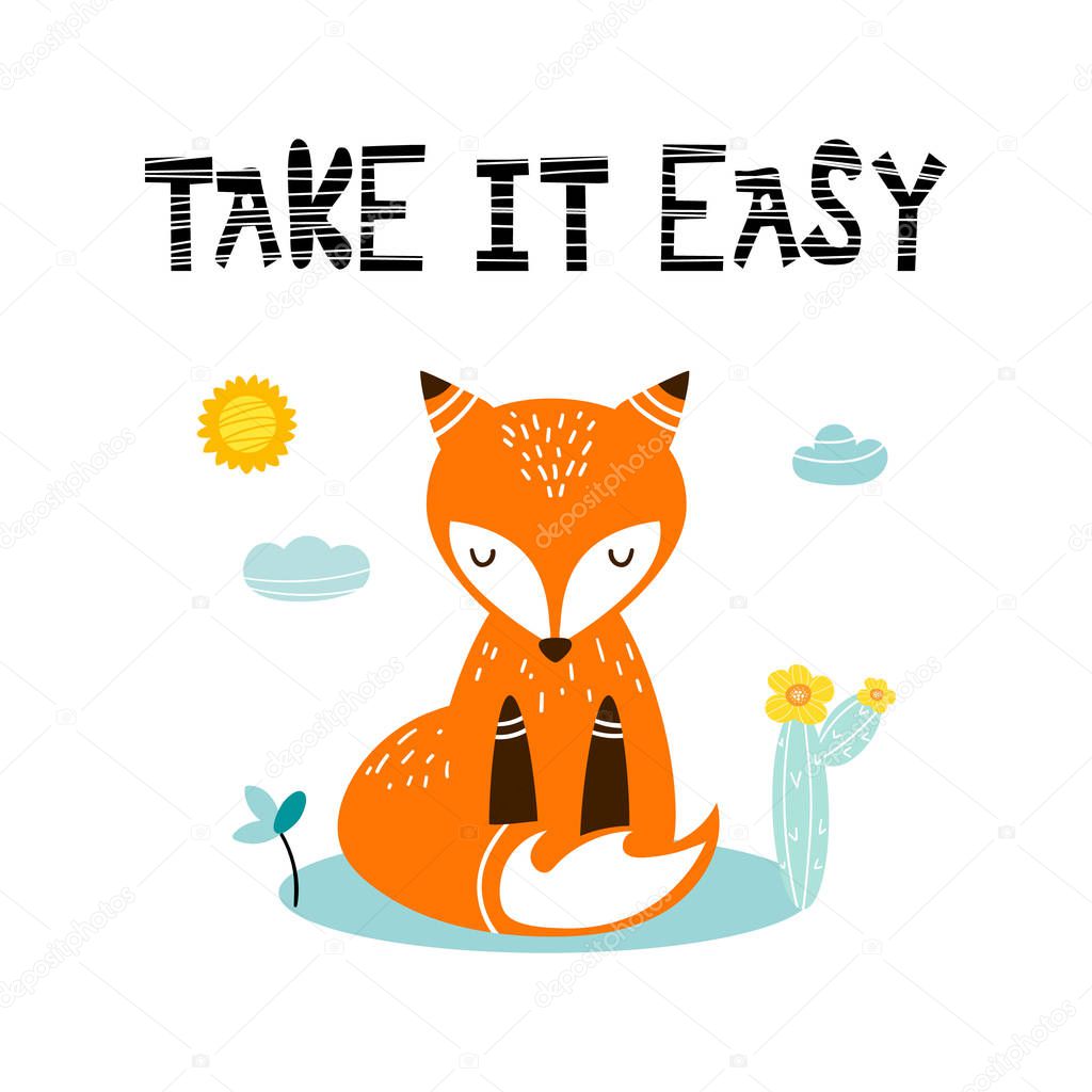 Fox. Modern hand drawn  vector character. Take it easy lettering. Good for print. 