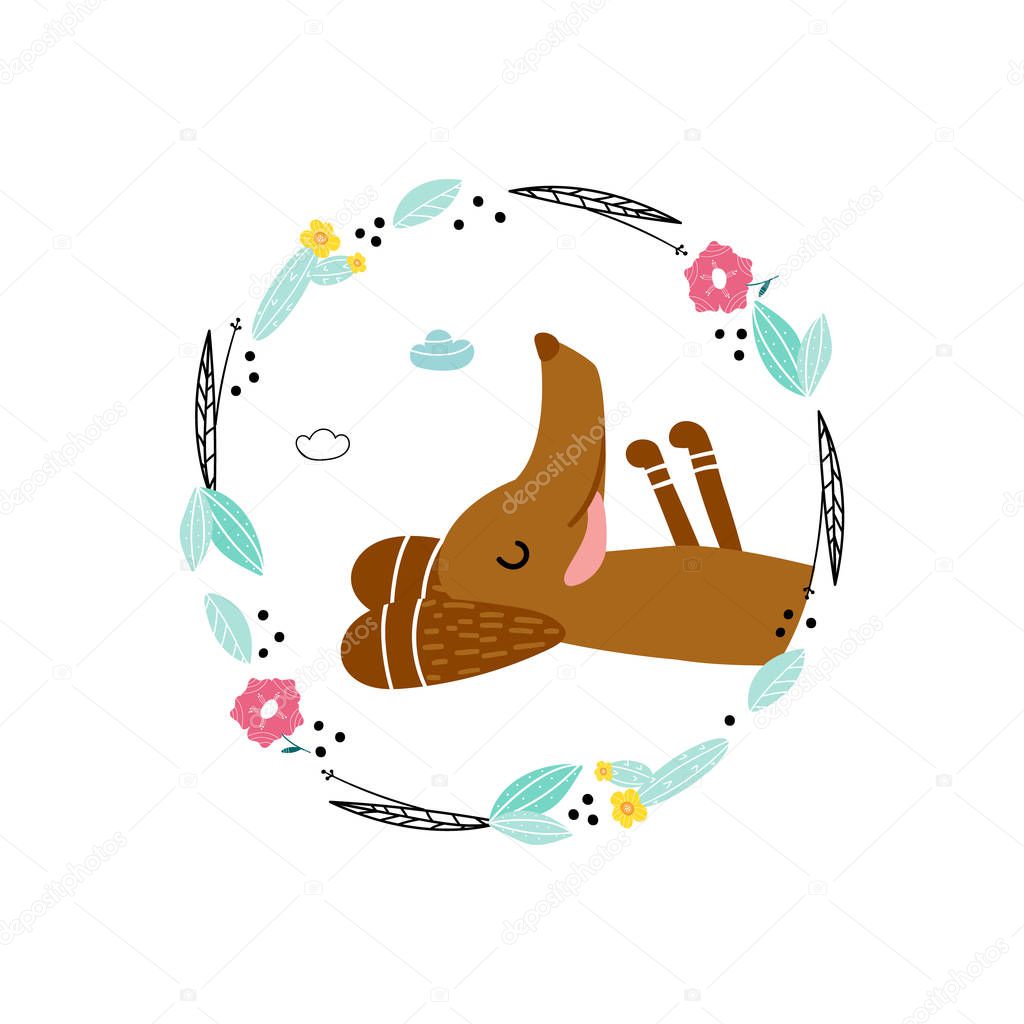 Dog and floral frame. Modern hand drawn  vector characters. 