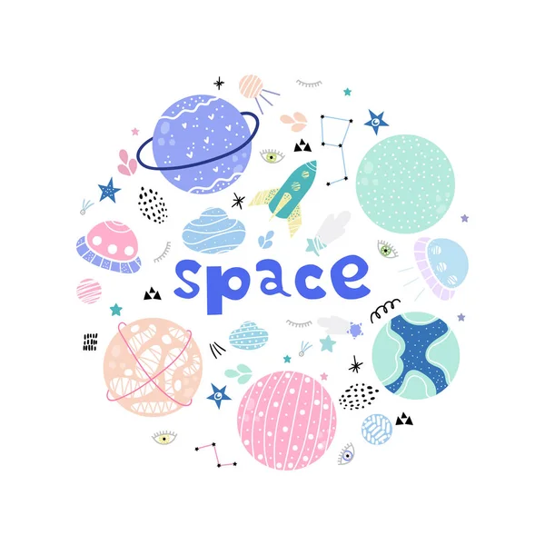 Raumobjekte Kreis Angeordnet Isolierte Zeichentrickillustration Für Kinderspiele Bücher Shirts Textilien — Stockvektor