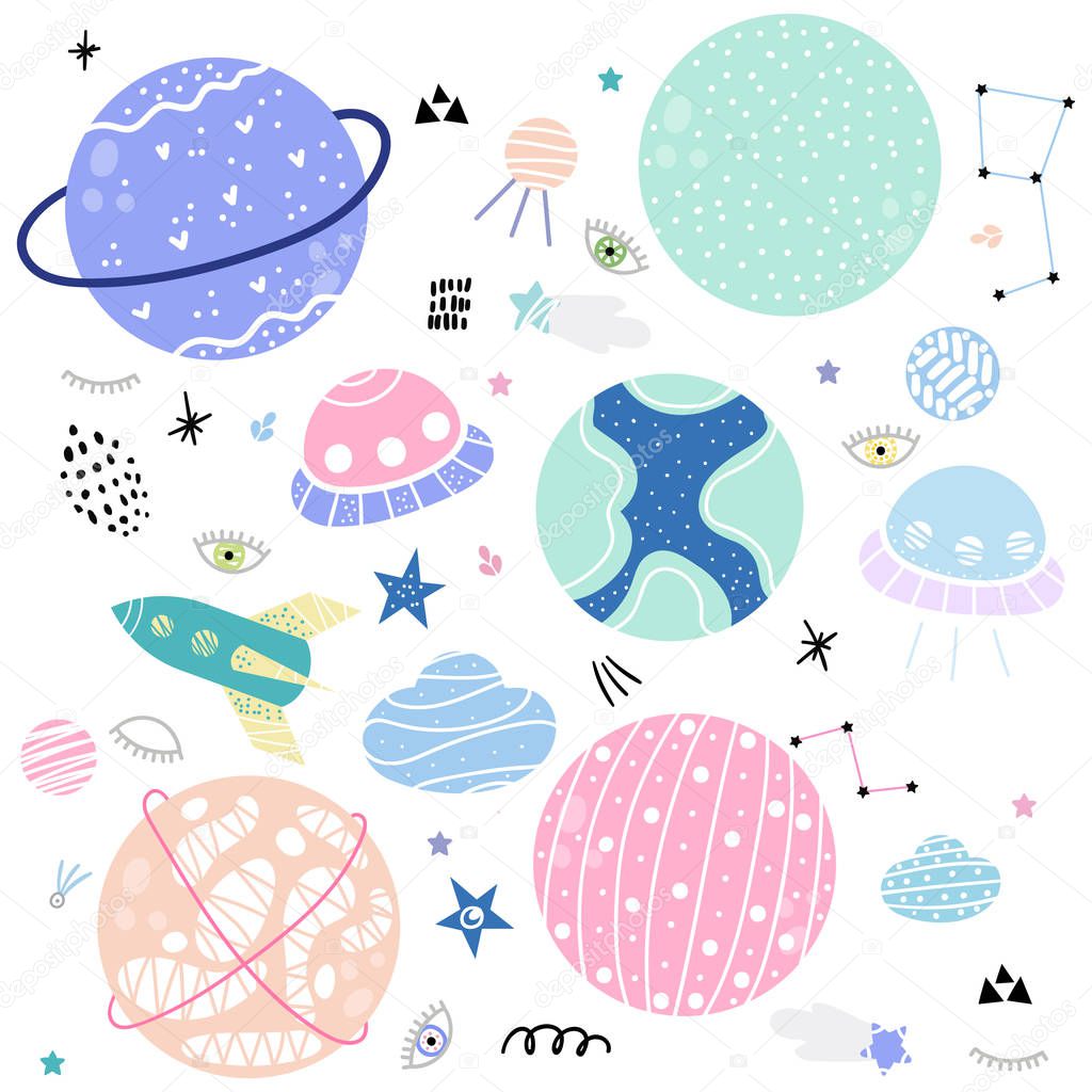 Set os cartoon cute space objects, planets, stars and comets.Modern hand drawn style. Vector Illustration.