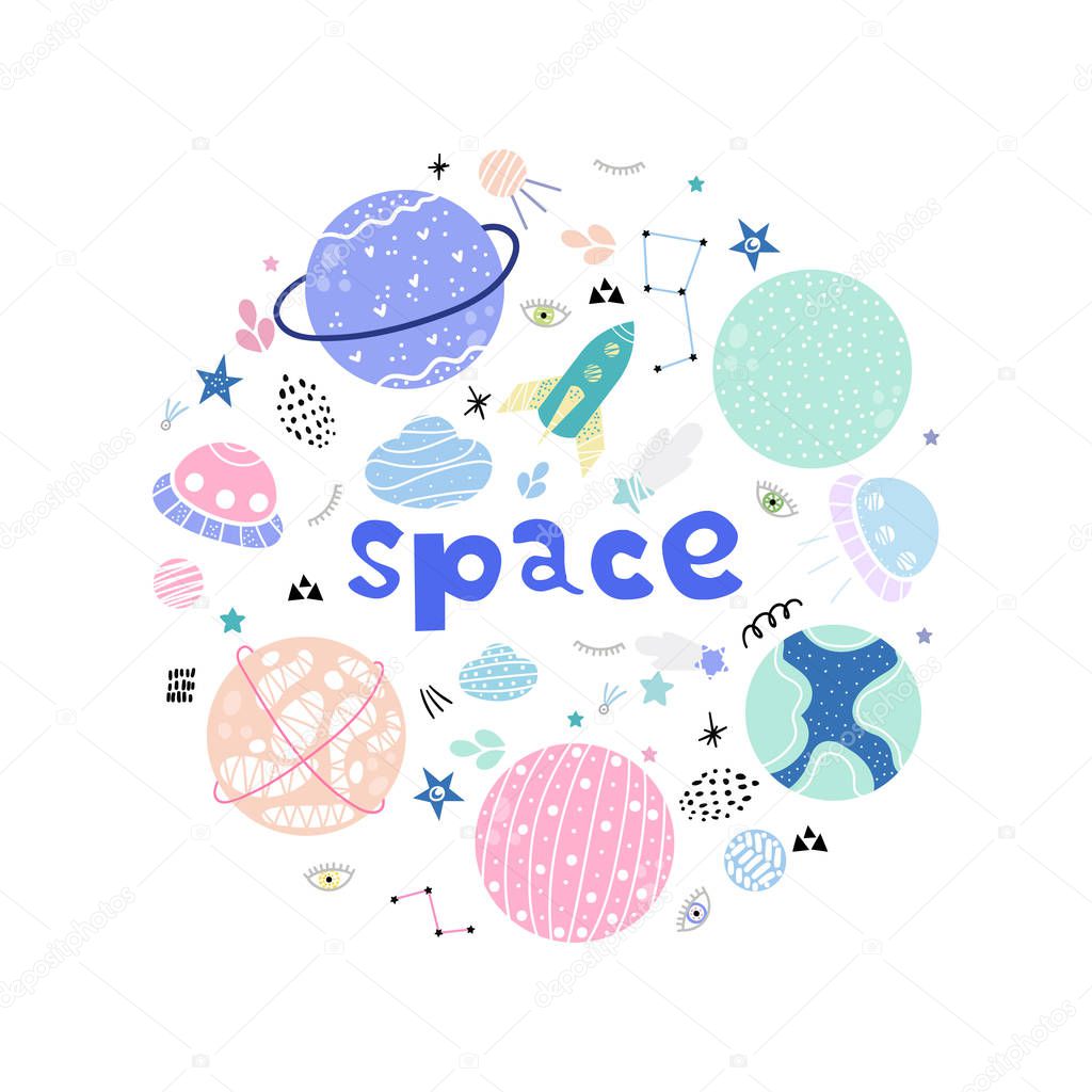 Space objects arranged in circle. Isolated cartoon illustration for kid game, book, t-shirt, textile, etc. Modern hand drawn style. Vector Illustration.