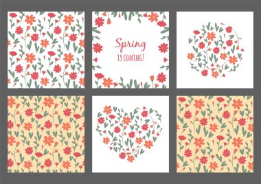 Çiçek ve yaprakları elle çizilmiş kümesi kümesi. Vektör sanatsal Dikişsiz desen ve çerçeveler, kalpleri çiçekler vardı. Sping illüstrasyon. Kağıt, ambalaj için eskiz Tekstil.