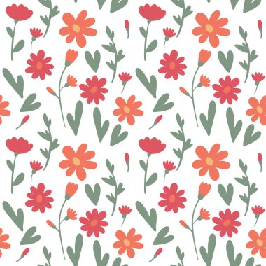 Çiçek el çekilmiş kesintisiz renk desen. Çizgi film doku sevimli çiçek ve yaprakları ile. Çiçek süsleme İskandinav tarzı. Kağıt, kumaş, arka plan vektör dolgu sarma için kroki.