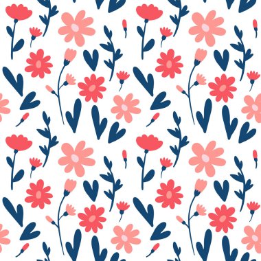 Çiçek el çekilmiş kesintisiz renk desen. Çizgi film doku sevimli çiçek ve yaprakları ile. Çiçek süsleme İskandinav tarzı. Kağıt, kumaş, arka plan vektör dolgu sarma için kroki.