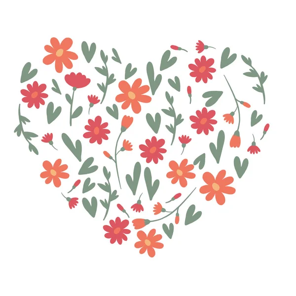 Květinové Ručně Tažené Květy Uspořádané Srdci Izolované Kreslené Ilustrace Pro — Stockový vektor