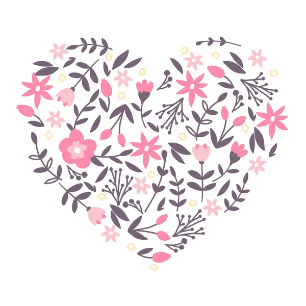Fleurs Florales Dessinées Main Disposées Dans Cœur Illustration Bande Dessinée — Image vectorielle