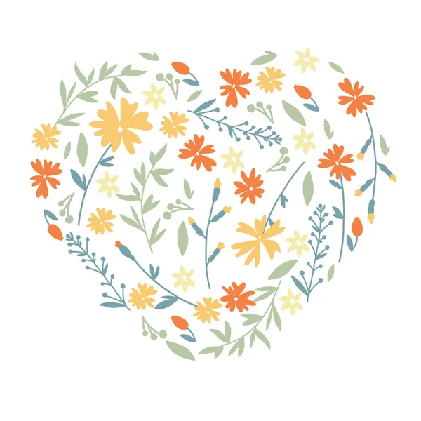 Flores Dibujadas Mano Florales Dispuestas Corazón Ilustración Aislada Dibujos Animados — Vector de stock