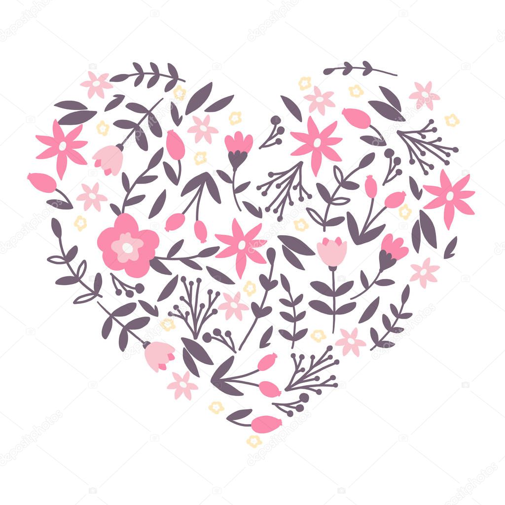Floral hand drawn flowers arranged in heart. Isolated cartoon illustration for  book, t-shirt, textile, etc.
